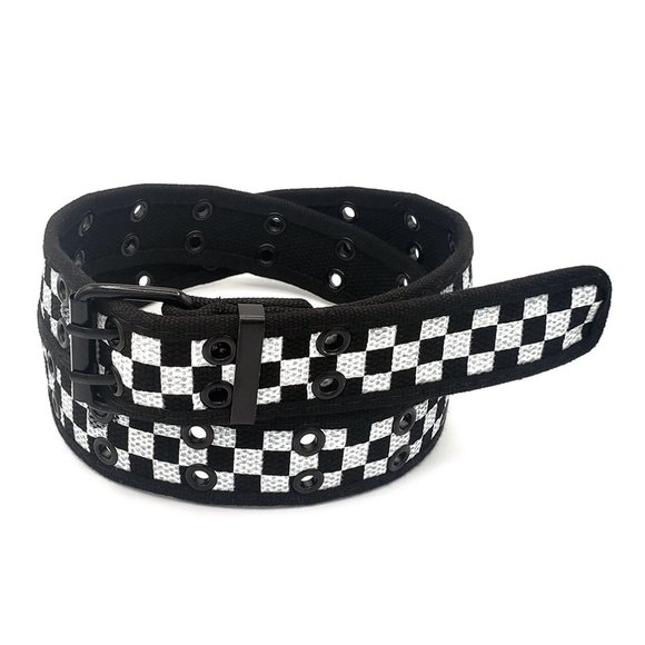 Black White Checkered 2 Holes Row Grommet Canvas Fabric Web Belt Size Medium - Picture 1 of 2